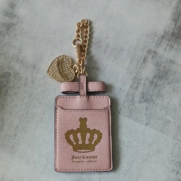 Juicy Couture Pink and Gold Keychain & Card Case Bag Heart Rhinestones Charm